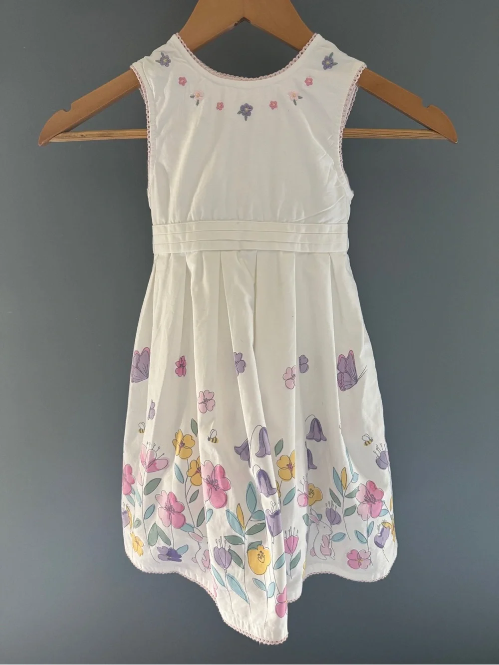 JoJo Maman Bebe White Sundress with Pink, Purple & Yellow Floral Border